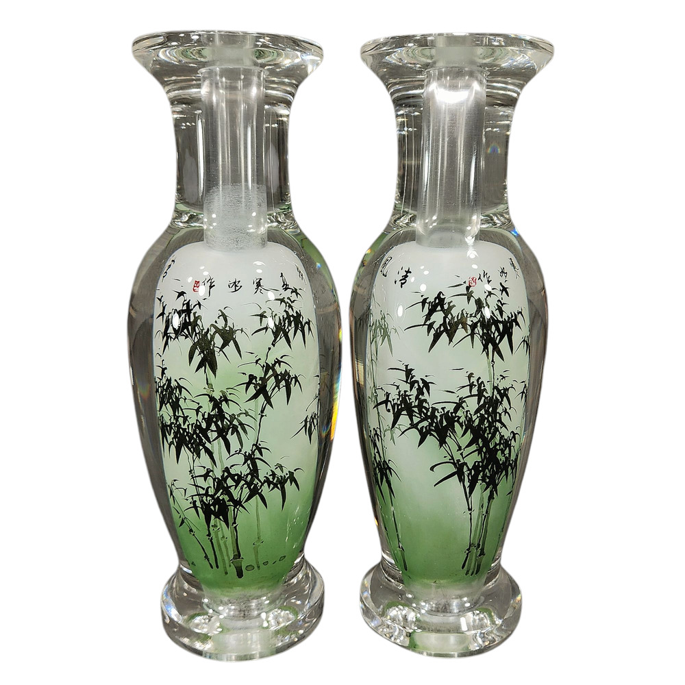 2 Reverse Painted Japanese Glass Bud Vases Bamboo Asian‎ 9T 2W Green White OPEN